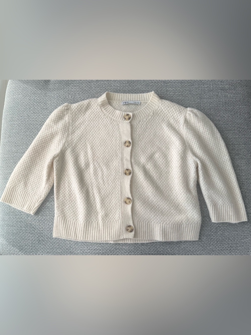 Zara Cream Textured Knit Cardigan | Puff Sleeve | Size M | Button Front